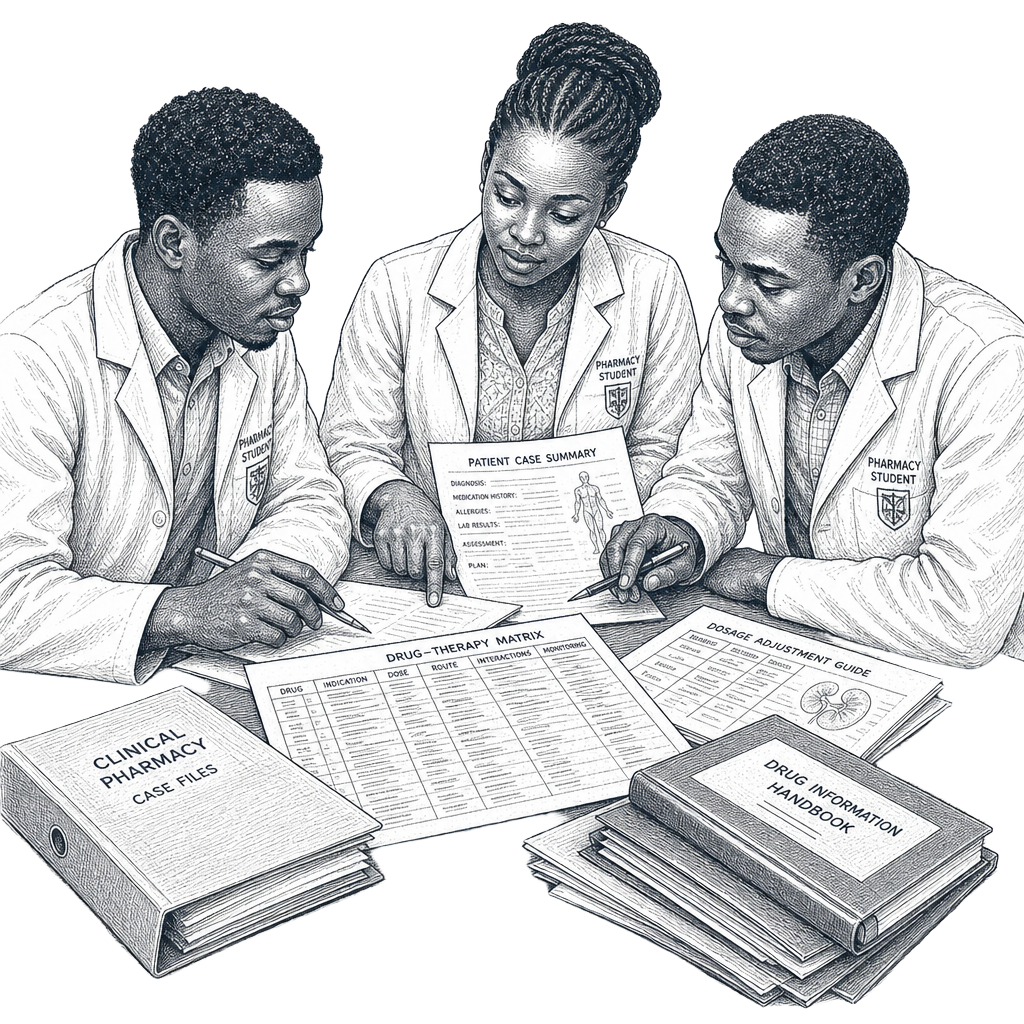 Vintage ink sketch of three medical students comparing papers around a table